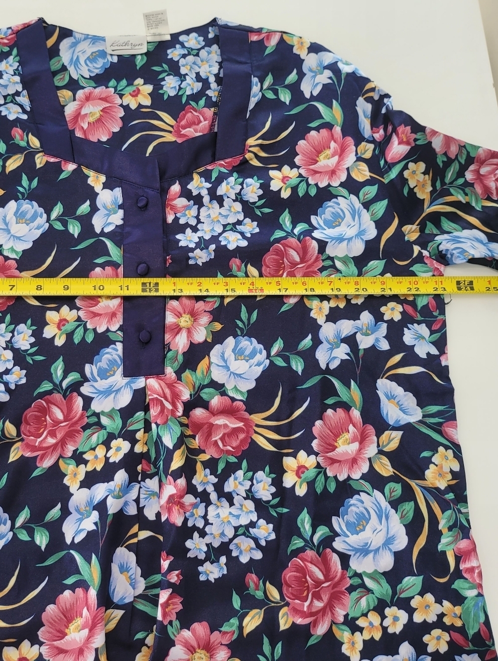 Floral Satin Nightshirt - Navy with Pink & Blue Blooms Size L - Picture 5 of 10